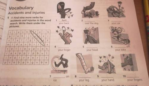 1 * Find nine more verbs for accidents and injuries in the wordsearch. Write them under thepictures.