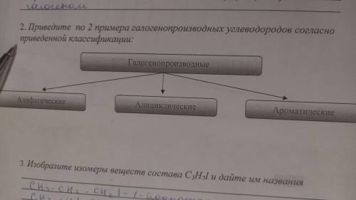 Приведите по 2 примера галогенопроизводных углеводородов согласно приведённой классификации :