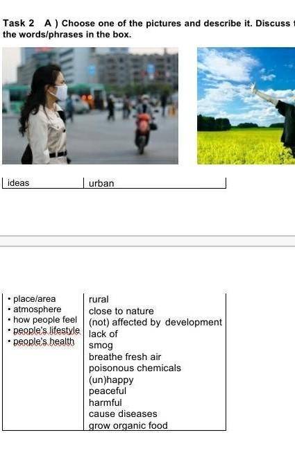 the words/phrases in the box.ideasurban• place/area| rural• atmosphereclose to nature* how people fe