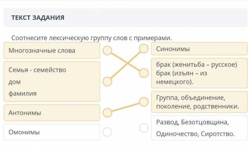 Соотнесите лексическую группу слов с примерами многозначные слова антонимы синонимы омонимы семья се