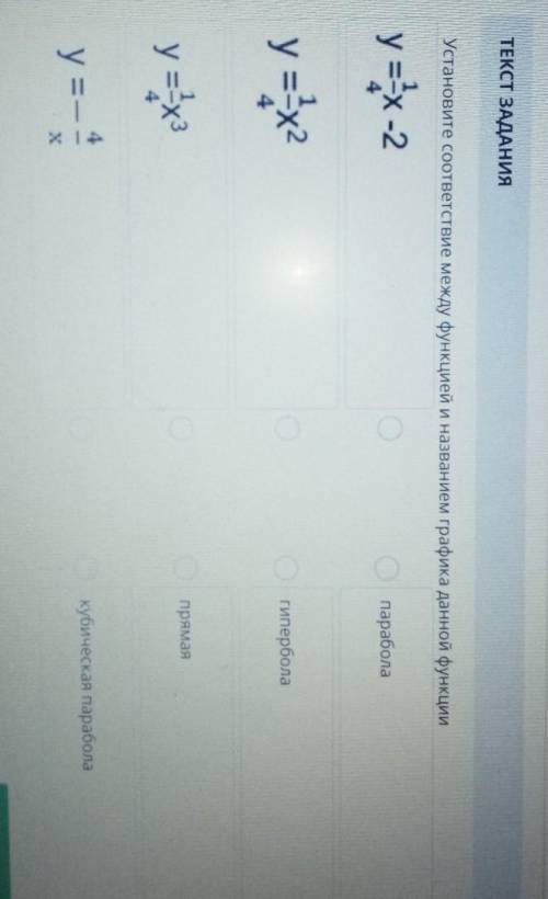 Установите соответствие между функцией и названием графика данной функции y=x -2параболау = х2гиперб
