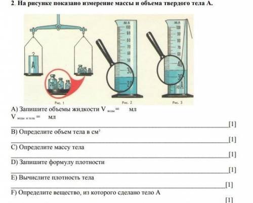 на рисунке показана измерения массы и объема твердого тела а-а-а запишите жидкости объем воды равно