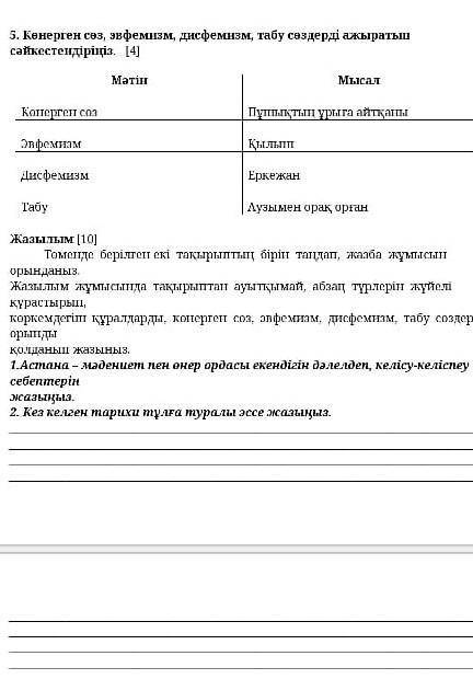 5. Көнерген сөз, эвфемизм, дисфемизм, табу сөздерді ажыратып сәйкестендіріңіз.​