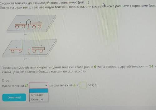 Скорости тележек до взаимодействия равны нулю (рис. 1). После того как нить, связывающую тележки, пе