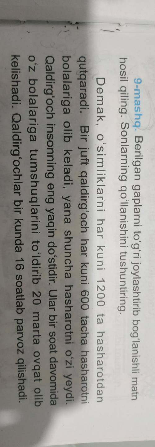 Berilgan gaplarni tóĝri joylashtirib boĝlanishli matn hosil qiling. Sonlarning qóllanishni tushuntir