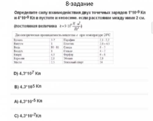 Определите силу взаимодействия двух точечных зарядов 1*10^-9Кл и 4*10^-9 в пустоте и керосине, если