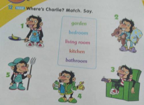 1 Where's Charlie? Match. Say.12gardenbedroomliving roomkitchenbathroom​