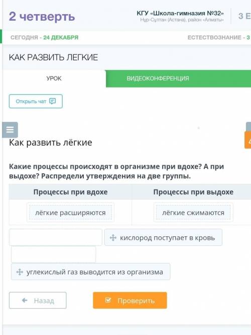 Какие процессы происходят в организме при вдохе? А при выдохе? Распредели утверждения на две группы.