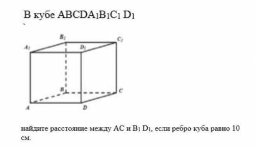 В кубе ABCDA1B1C1D1 найдите расстояние между AC и B1D1, если ребро куба равно 10 см​