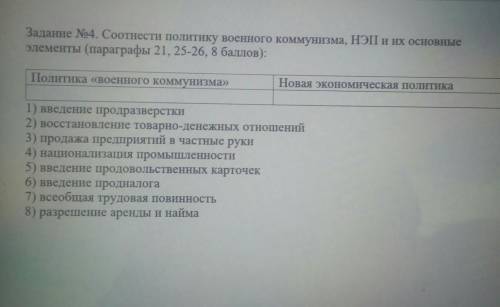 Задание No4. Соотнести политику военного коммунизма, НЭП и их основныеэлементы (параграфы 21, 25-26,