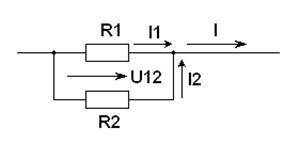 . Чему равен общий ток I, если напряжение U12 равно 5 В, а сопротивления R1 и R2 равны 1 Ом каждый (