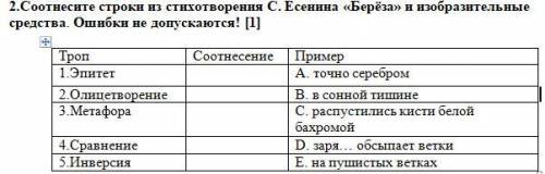 Соотнесите строки из стихотворения С. Есенина «Берёза» и изобразительные средства. Троп Пример 1.Эпи