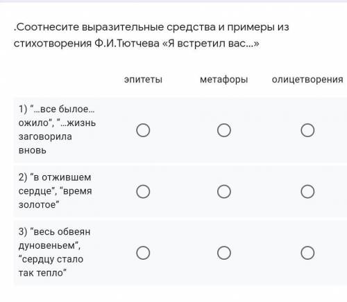 Соотнесите выразительные средства и примеры из стихотворения Ф.И.Тютчева «Я встретил вас…»​
