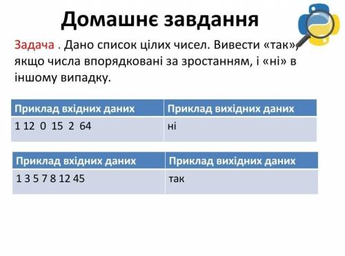 Задача . Дано список цілих чисел. Вивести «так», якщо числа впорядковані за зростанням, і «ні» в інш