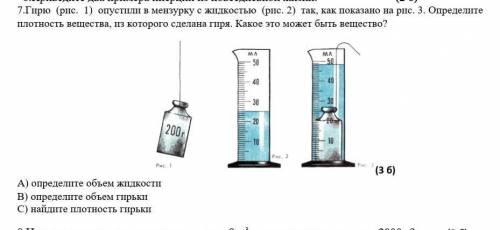 Гирю (рис. 1) опустили в мензурку с жидкостью (рис. 2) так, как показано на рис. 3. Определите плотн