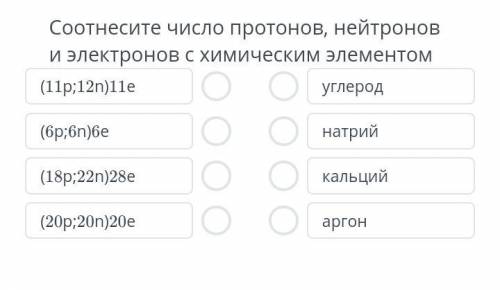 Соотнесите число протонов, нейтронов и электронов с химическим элементом