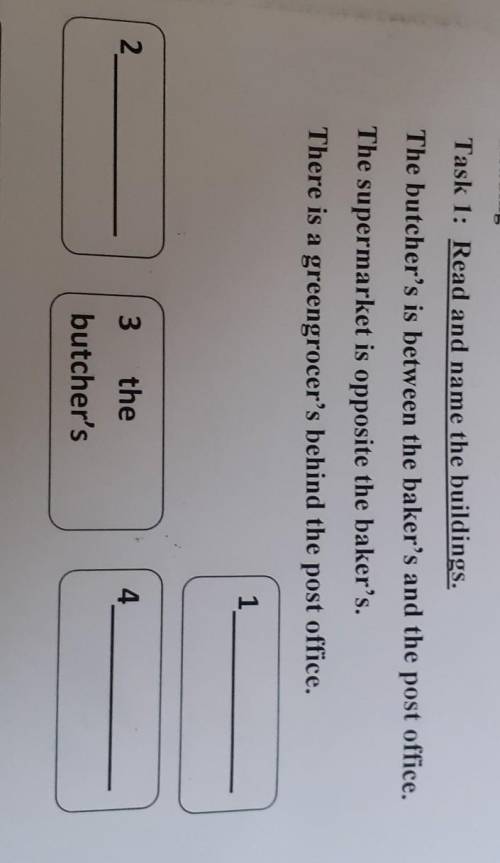 Task 1: Read and name the buildings. The butcher's is between the baker's and the post office.The su