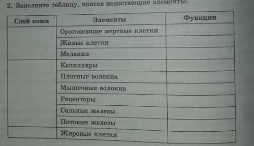 заполните таблицу, вписав недостоющие элементы. слой кожи Элементы Функции ороговевшие мертвые клетк