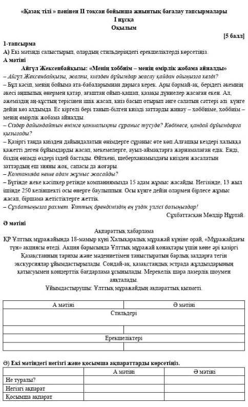 Екі мәтіндегі негізгі және қосымша ақпараттарды көрсетіңіз тжб болып жатыр​