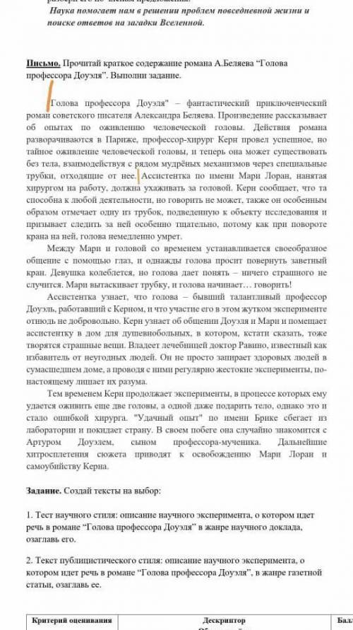 Письмо. Прочитай краткое содержание романа А.Беляева “Голова профессора Доуэля”. Выполни задание.поО