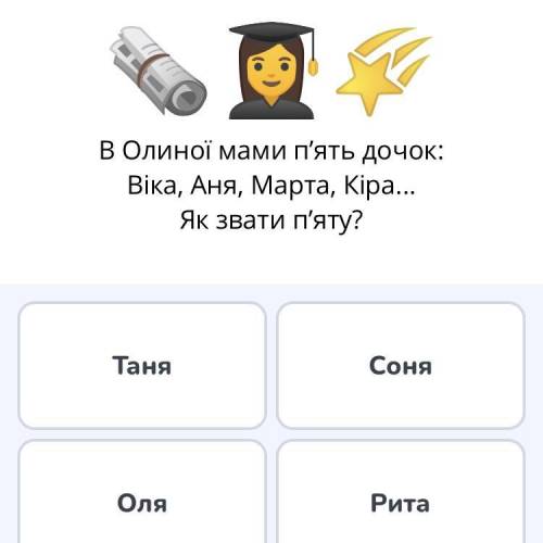 В Олиної мами п’ять дочок: Віка, Аня, Марта, Кіра... Як звати п’яту? Таня Соня Оля Рита Відповісти