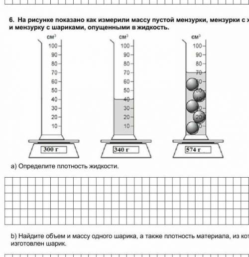 6. На рисунке показано как измерили массу пустой мензурки, мензурки с жидкостью и мензурку с шарикам