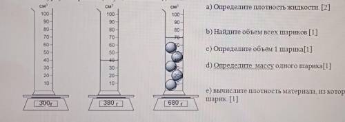 6. На рисунке показано как измерили массу пустой мензурки, мензурки с жидкостью и мензуркус шариками