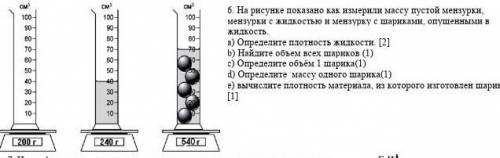 6. На рисунке показано как измерили массу пустой мензурки, мензурки с жидкостью и мензурку с шарикам