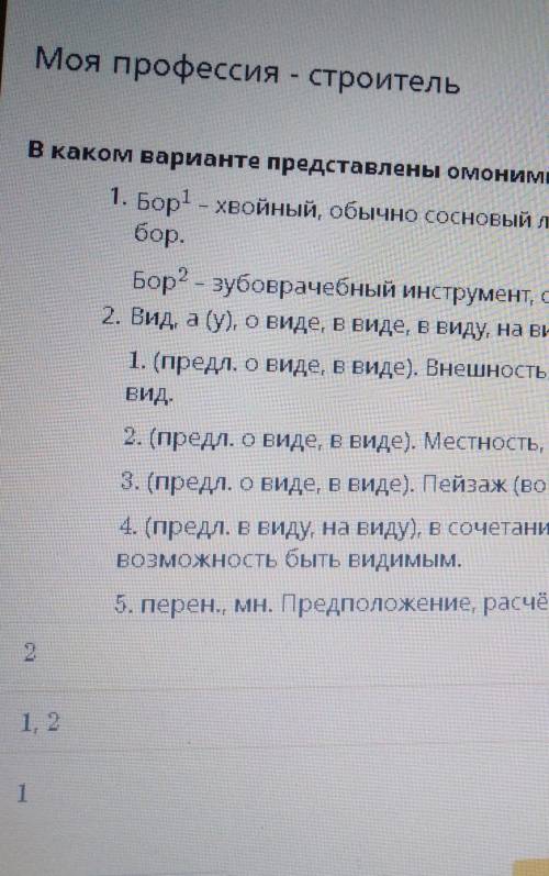 Моя профессия - строитель В каком варианте представлены омонимы?1. Бор - хвойный, обычно сосновый ле