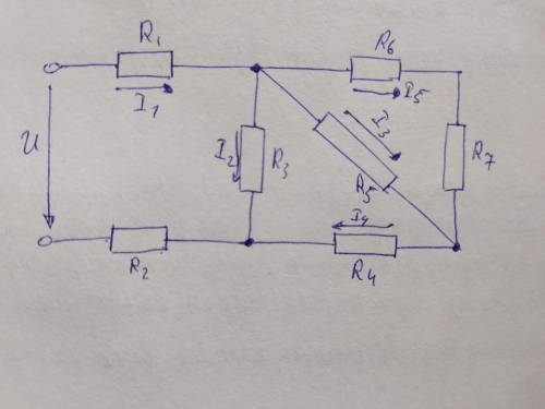 U=240В R1=R2=0.5 Ом R3=R5=10 Ом R4=R6=R7=5 Ом I1-? I2-? I3-? I4-? I5-?