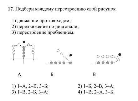 Подбери каждому перестроению свой рисунок. 1) движение противоходом; 2) передвижение по диагонали; 3