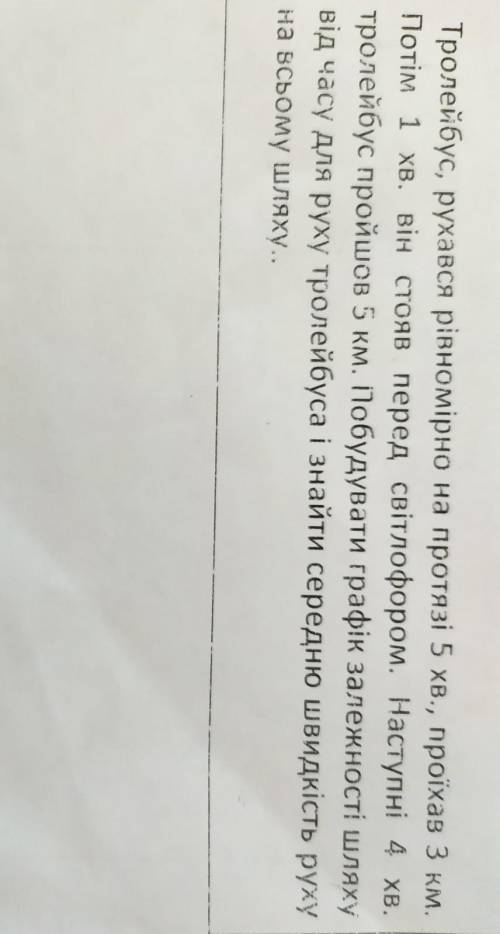 7. Тролейбус, рухався рівномірно на протязі 5 хв., проїхав 3 км. Потім 1 хв. він стояв перед світлоф
