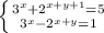 \left \{ {{3^{x}+2^{x+y+1} =5} \atop {3^{x} -2^{x+y} =1}} \right.