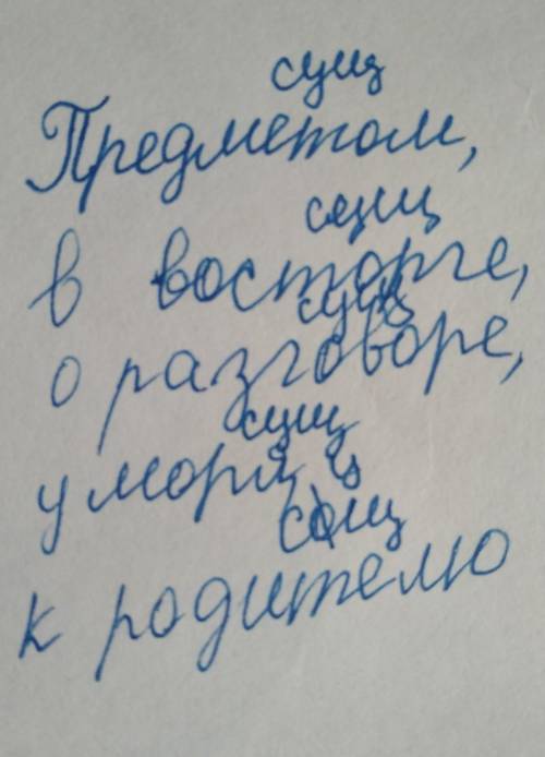 Разбор слова по части речи слова: предметом, (в) восторге, (о) разговоре, (у) моря, (к) водителю.