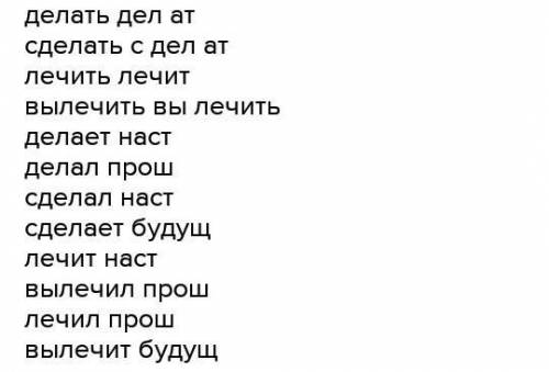 Разбери по составу формы глаголов: делать, сделать, лечить, вылечить. Укажи время.