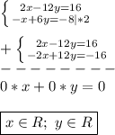 \left \{ {{2x-12y=16} \atop {-x+6y=-8}|*2} \right. \\\\+\left \{ {{2x-12y=16} \atop {-2x+12y=-16}} \right.\\ --------\\0*x+0*y=0\\\\\boxed{x\in R; \ y\in R}