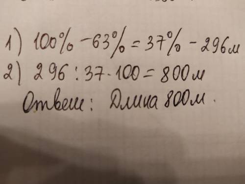 Экскаватор выкопал за первый день 63% канавы, после чего осталось выкопать ещё 296 метров. Какова дл
