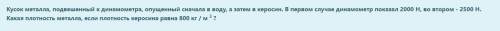 Кусок металла, подвешенный к динамометра, опущенный сначала в воду, а затем в керосин. В первом случ
