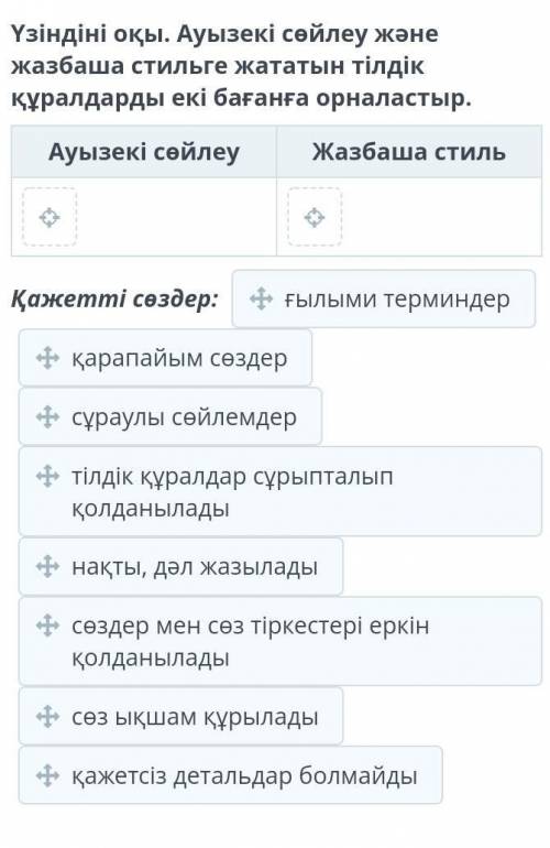 Үзіндіні оқы. Ауызекі сөйлеу және жазбаша стильге жататын тілдік құралдарды екі бағанға орналастыр