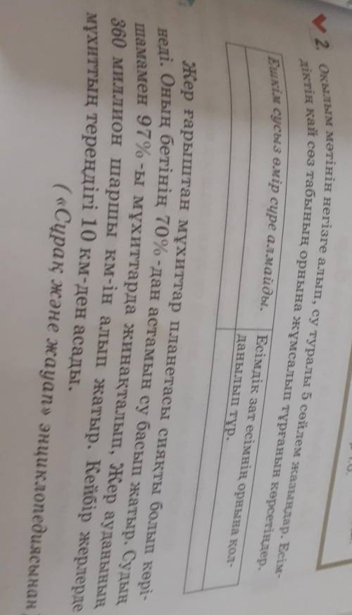У 2. Оқылым мәтінін негізге алып, су туралы 5 сөйлем жазыңдар. Есім- діктің қай сөз табының орнына ж