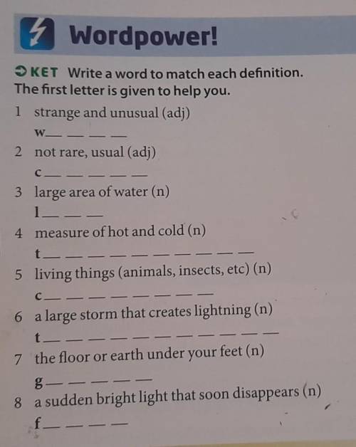 Word power! KET Write a word to match each definition.The first letter is given to help you.1 strang