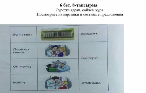 6 бет. 8-тапсырма Суретке караи, сойлем кұра.Посмотрите на картинки и составьте предложенияБүгін мен