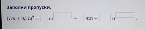 Заполни пропуски.(7т + 0,5n)2 =m+mn +​