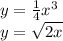 y = \frac{1}{4} x {}^{3} \\ y = \sqrt{2x}