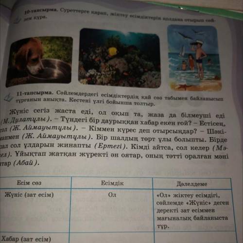 11-тапсырма. Сөйлемдердегі есімдіктердің қай сөз табымен байланысын тұрғанын анықта. Кестені үлгі бо