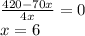 \frac{420-70x}{4x} =0\\x=6