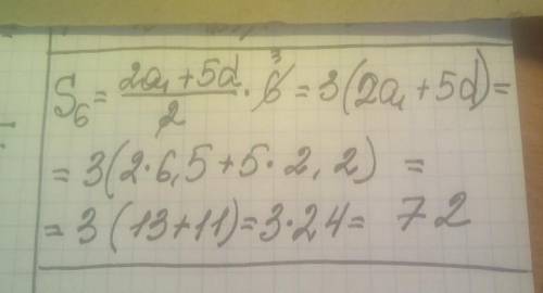 Дана арифметическая прогрессия (an). Известно, что a1 = 6,5 и d = 2,2. Вычисли сумму первых шести чл