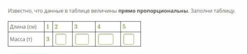 Известно, что данные в таблице величины прямо пропорциональны. Заполни таблицу Длина (см) 1 2 3 4 5