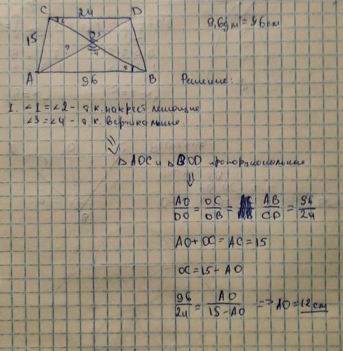 Диагонали трапеции ABCD c основанием AB и CD пересекаются в точке O. Найдите AO, если AB=9,6 дм, DC=