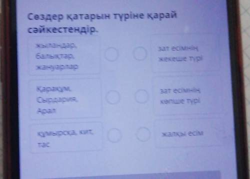 Сөздер қатарын түріне қарай сәйкестендір.Жыландар,балықтар,жануарларзат есімніңжекеше түріҚарақұм,Сы